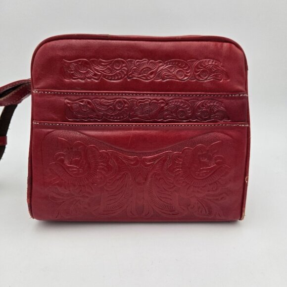 Western Floral Print Embossed Purse Bright Red Strap Worn 10 X 9 X 5 Pockets - Picture 3 of 7